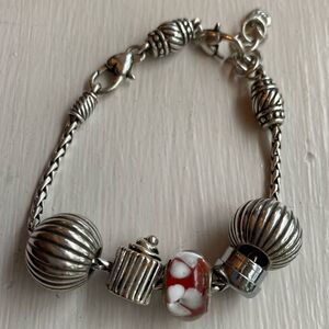 BRIGHTON silver and red cupcake and floral barrel charm bracelet‎